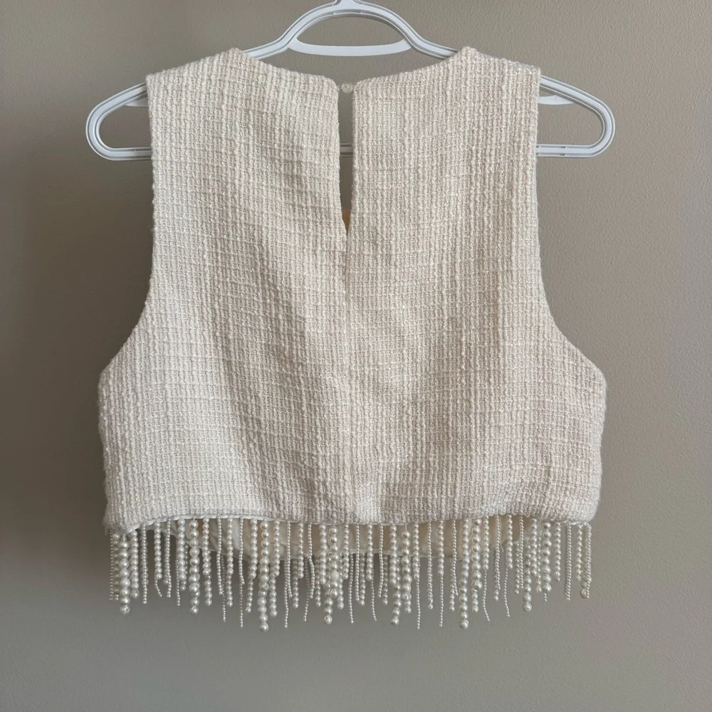 Jason Wu Cream Sleeveless Crop Top Pearl Fringe - Picture 2 of 10